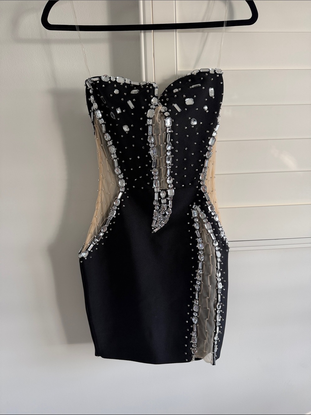 Black Embellished Mini Dress with Nude Sheer Panels